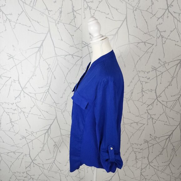 Alia Royal Blue Linen Cotton Button Front Western Style Blouse - Picture 4 of 7